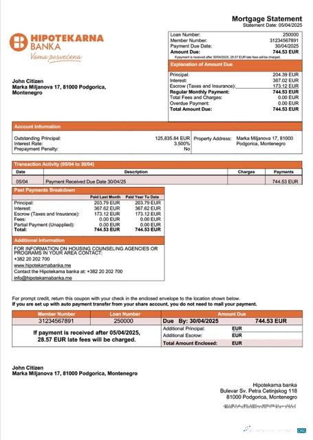 Download Montenegro Hipotekarna banka mortgage statement Word and PDF template Photoshop template